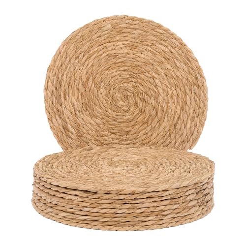 GENMOUS 10 Pack Woven Placemats, 12" Round Placemats Natural Water Hyacinth Boho Placemats,Farmhouse Rattan Chargers for Dinner Plates,Rustic Braided Wicker Table Mats for Dining Table,Home,Wedding - size: 12inch, Set of 10