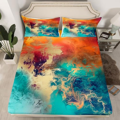 Teal Blue and Gold Modern Bed Sheets Set Modern Marble Aesthetic Fitted Sheet for Kids Boys Girls Golden Streaks Bedding Set Marble Texture Bed Cover 3Pcs Queen Size - color: Multi 10, size: Queen