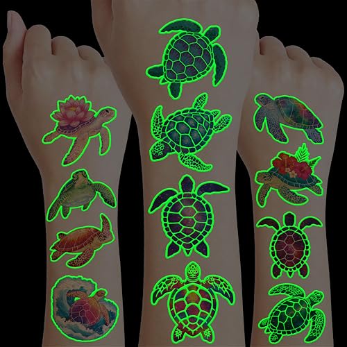 96 PCS Turtle Pre-Cut Luminous Glow in the dark Temporary Tattoos for Kids | Super Cute First Themed Birthday Party Favors Supplies Decorations, Fake Ocean Animal Tattoo Stickers Gifts for Boys Girls - color: Luminous