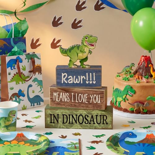Lineshading 4 Pcs Dinosaur Table Decorations Wooden Dinosaur Decor Dino Safari Party Centerpieces for Table Jungle Animal Theme Baby Shower Tabletop Stand for Boys Girls Birthday Party Decorations - style: Dinosaur