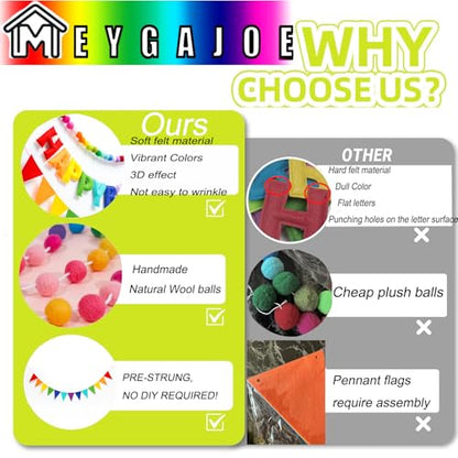 3 Pcs Pre-Strung Happy Birthday Banner, Felt Ball Garland, Pennant Triangle Flags, Rainbow Party Decorations, HAPPY BIRTHDAY Garland, Personalized Holiday Sign for Birthday Decor, Party Supplies, Photo Prop ( Felt Banner + Pennant Flags + Rainbow Balls) -