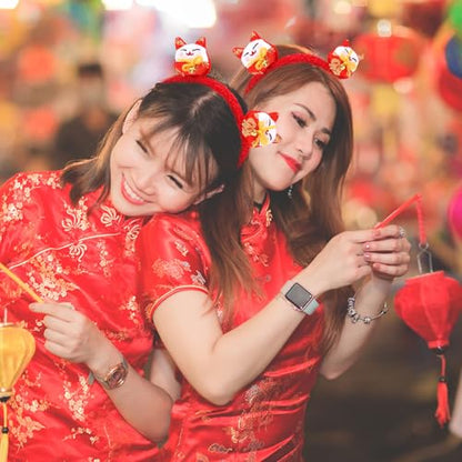 Ecuupas The Spring Festival Headband Cute Cat Hairband Fortune Cat Hair Hoop New Year Headband Women Girls Hair Accessories for Lunar New Year Party Festival Supplies