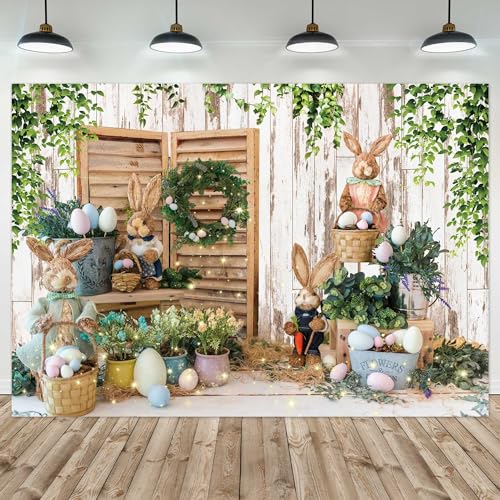 8x6ft Polyester Spring Easter Backdrop Rustic White Wooden Wall Colorful Eggs Rabbit Photography Background for Birthday Baby Shower Party Decor Portrait Banner Photo Booth Studio Props - size: 8'x6'