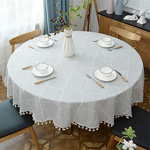 Round Tassel Plaid Tablecloth, Heavy Weight Cotton Linen Fabric Table Cover for Kitchen Dining Tabletop Decoration, Grey, 48" Round - color: Grey, size: 48" (Round)