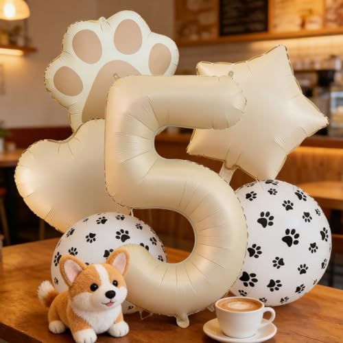5th Birthday Dog Paw Balloons Set,18'' Paw Prints, Heart,Star,Paw Shaped Foil Balloon 40 Inch Cream Number 5 Helium balloons for Puppy Themed Third Anniversary Birthday Party Decorations Supplies 6PCS - color: Cream-5