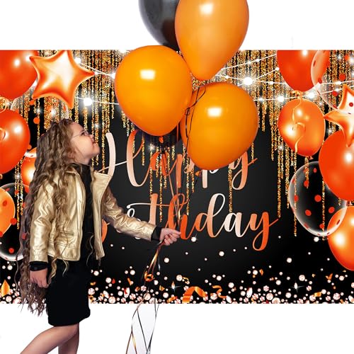 Riyidecor Black Orange Happy Birthday Backdrop Balloon Diamond Sparkle Fluid Lights 7Wx5H Feet Polyester Fabric for Men Women Photography Background Bday Table Decor Banner Studio Photo Shoot - color: C 03Orange, size: 7Wx5H