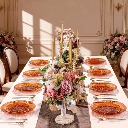 Rubtlamp 60Pcs Amber Plastic Plates - Brown Disposable Plates With Gold Rim, Clear Heavy-duty Party Plates, Hammered Plates Include 30 Dessert Platos, 30 Dinner Platos for Party - color: Clear Amber Gold
