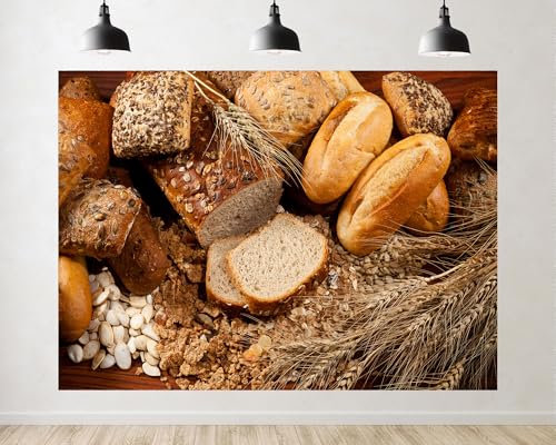 Trykid 6x4ft Assorted Breads and Grains Backdrop Bakery Food Photography Fresh Loaves Scene Background Tapestry Farmhouse Kitchen Party Decoration Photo Studio Prop Fabric Backdrop - size: 6x4ft