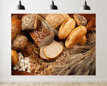 Trykid 5x5ft Assorted Breads and Grains Backdrop Bakery Food Photography Fresh Loaves Scene Background Tapestry Farmhouse Kitchen Party Decoration Photo Studio Prop Fabric Backdrop - size: 5x5ft