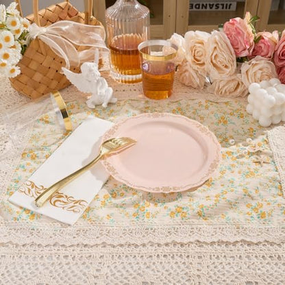 Fijinhom 175 PCS Pink Disposable Plates, Elegant Dinnerware Set for 25 Guests, 50 Plastic Plates, 75 Silverware, 25 Cups & 25 Paper Napkins, Pink - color: Pink Gold Pattern, size: 25 Guests-175pcs