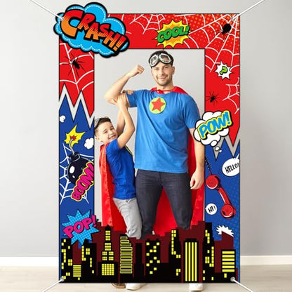 Fabric Comic Hero Photo Prop Super Theme Hero Birthday Party Decoration Red Spider Web Backdrop Banner Cityscape Theme Photo Booth Frame Background for Kids Birthday Party Supplies 62x41inch