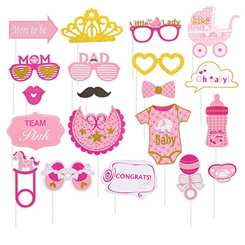 SUNBEAUTY 20 Pcs Girl Baby Shower Photo Booth Props Pink and Gold Lovely Photobooth Props with Sticks for Baby Shower Accessories Newborn Girl Gift Party Supplies - color: Girl