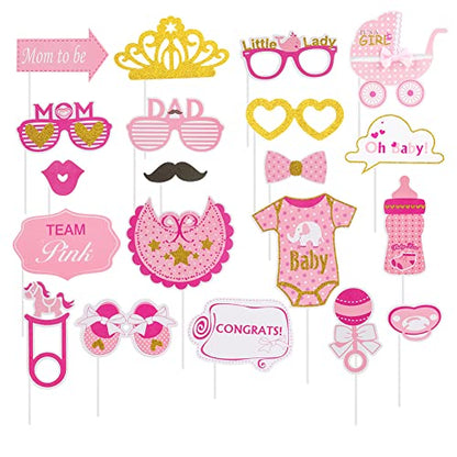 SUNBEAUTY 20 Pcs Girl Baby Shower Photo Booth Props Pink and Gold Lovely Photobooth Props with Sticks for Baby Shower Accessories Newborn Girl Gift Party Supplies - color: Girl