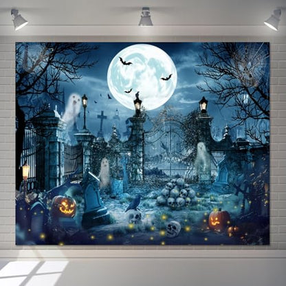 Halloween Backdrop for Photography 10x8ft Scary Cemetery Ghost Skull Full Moon Night Halloween Photo Backdrop Spooky Pumpkin Bat Photography Background Party Decor Kid Adult Portrait Photo Booth Prop