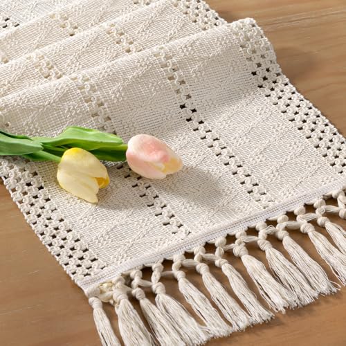 Socomi Boho Table Runner Summer Farmhouse Rustic Dining Kitchen Centerpiece Decor Small Macrame Woven Cotton Linen Coffee Table Runner for Dresser Scarf Home Decor 12x36 inch Beige - color: Beige, size: 12" X 36"