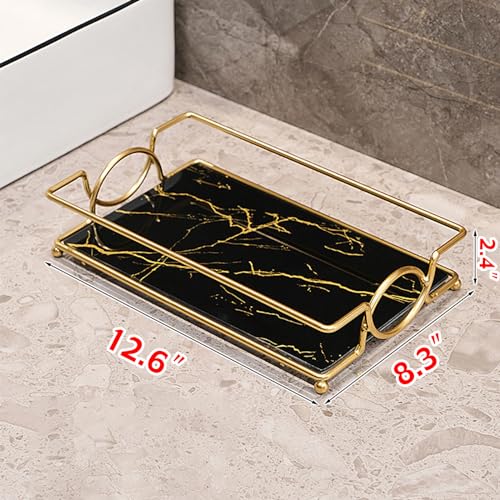 Vanity Tray Luxury Bathroom Counter Tray Glass Perfume Organizer Holder Cosmetics Makeup Skincare Display Decorative Vanity Trays for Bathroom Dresser Bedroom (Black Gold, L) - color: Black Gold-large