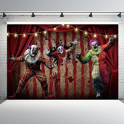 AOFOTO 5x4ft Scary Clown Decorations Backdrop Horror Circus Theme Halloween Photography Backdrop Giant Evil Clown Creepy Bloody Zombie Background Carnival Hallowmas Party Banner Photo Studio Props - size: 5x4ft
