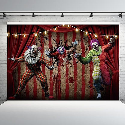 AOFOTO 5x4ft Scary Clown Decorations Backdrop Horror Circus Theme Halloween Photography Backdrop Giant Evil Clown Creepy Bloody Zombie Background Carnival Hallowmas Party Banner Photo Studio Props - size: 5x4ft