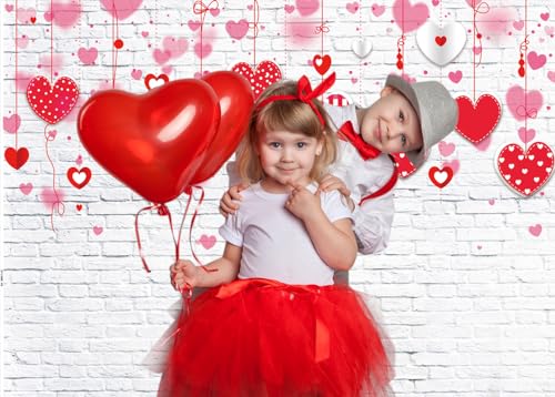 7x5ft Valentine's Day Backdrop White Brick Wall Red Hearts Photography Background for Mother's Day Wedding Bridal Shower Birthday Party Decor Banner Portrait Photo Booth Props 088 - size: 7x5ft
