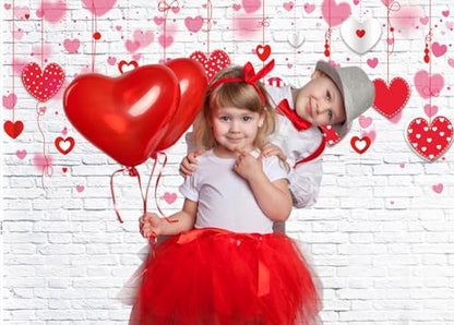 7x5ft Valentine's Day Backdrop White Brick Wall Red Hearts Photography Background for Mother's Day Wedding Bridal Shower Birthday Party Decor Banner Portrait Photo Booth Props 088 - size: 7x5ft