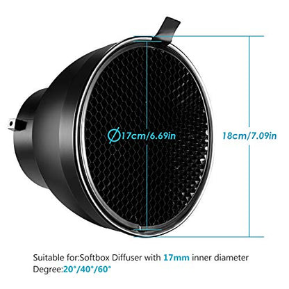 Neewer Standard Reflector 7 inches/18 Centimeters Soft Diffuser with 20/40/60 Degree Honeycomb Grid for Bowens Mount Studio Flash Strobe Light Monolight