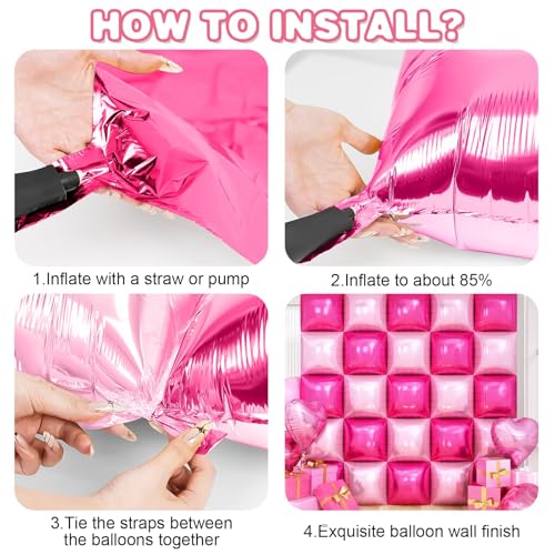 Hot Pink Square Foil Balloon Wall,25Pcs Double Sided Balloons Backdrop Foil Balloon Tunnel Arch Garland Kit for Valentine's Day Birthday Bridal Anniversary Baby Shower Party Decorations - style: Hot Pink