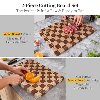 Checkered Cutting Board and Acrylic Cutting Board Set, 2 PCS Cutting Boards for Kitchen, Checkerboard Solid Wood End Grain Chopping Board with Juice Groove & Acrylic Cooking Board with Counter Lip - style: Acrylic board +Checkerboard