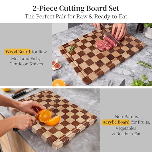 Checkered Cutting Board and Acrylic Cutting Board Set, 2 PCS Cutting Boards for Kitchen, Checkerboard Solid Wood End Grain Chopping Board with Juice Groove & Acrylic Cooking Board with Counter Lip - style: Acrylic board +Checkerboard