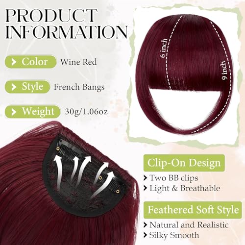 Bangs Hair Clip in Bangs, French Wine Red Fake Bangs Hair Clip on Bangs for Women Fringe with Temples Hairpieces Faux Bangs for Daily Wear - color: Wine Red