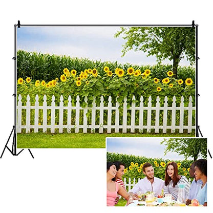 Leyiyi Spring Natural Scenery Backdrop 5x4ft Photography Backdrop Blossoming Yellow Sunflowers Tall Lush Tree White Wooden Textured Fence Family Children Baby Girl Personal Portraits Studio Props - size: 5x4ft
