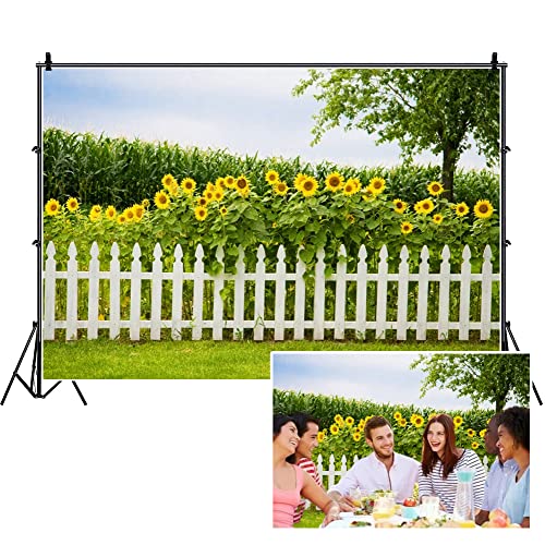 Leyiyi Spring Natural Scenery Backdrop 5x4ft Photography Backdrop Blossoming Yellow Sunflowers Tall Lush Tree White Wooden Textured Fence Family Children Baby Girl Personal Portraits Studio Props - size: 5x4ft