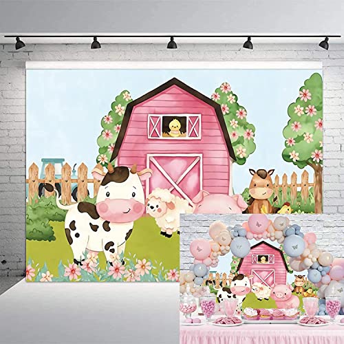 8x6ft Cartoon Farm Animals Party Backdrop Pink Barn Girl Baby Shower Birthday Photography Background Farmland Animals Cows Pigs Barnyard Backdrop Banner Cake Table Decoration Photo Booth Props - size: 8x6ft