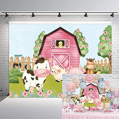 5x4ft Cartoon Farm Animals Party Backdrop Pink Barn Girl Baby Shower Birthday Photography Background Farmland Animals Cows Pigs Barnyard Backdrop Banner Cake Table Decoration Photo Booth Props - size: 5x4ft