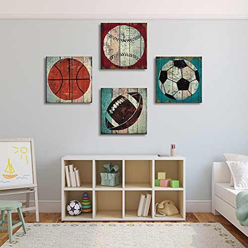 Vintage Sports Wall Art Baseball Basketball Football Soccer Picture for Nursery Room Kids Boys Bedroom Decor Rustic Sport Balls Poster Toddler Artwork Playroom Living Room Home Decorations 16x16" 4P - color: Ball Sports, size: 16"l X 16"w
