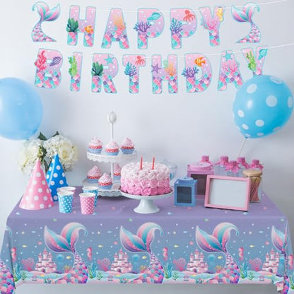 Gatherfun Mermaid Party Supplies Set: 2-Pack Rectangular Plastic Tablecloths, 54 x 108 Inches, Purple (Gradient) Mermaid Pattern, Kids & Girls 1st Birthday Decorations - style: mermaid