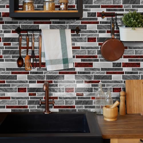 VICCI 12-Sheet Peel and Stick Tile Backsplash, Vinyl Waterproof Tiles Decals 12 x 12 inch Self Adhesive Wall Sticker for Kitchen, Bathroom & Laundry Room (Grey & Red Marble Style) - color: Spt-202, size: 12 x 12 inch (Marble style)