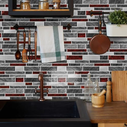 VICCI 12-Sheet Peel and Stick Tile Backsplash, Vinyl Waterproof Tiles Decals 12 x 12 inch Self Adhesive Wall Sticker for Kitchen, Bathroom & Laundry Room (Grey & Red Marble Style) - color: Spt-202, size: 12 x 12 inch (Marble style)