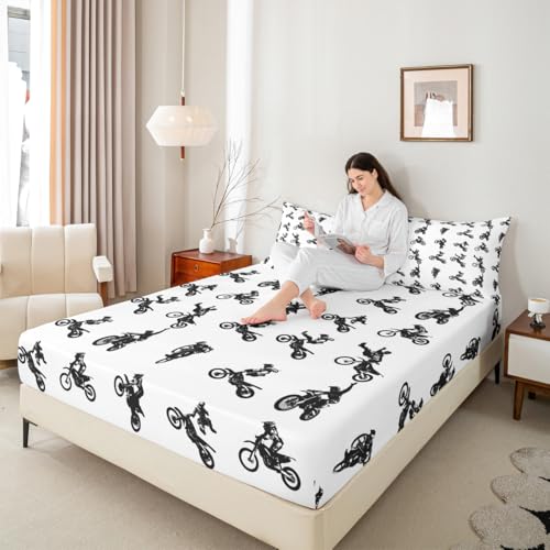 Motorcycle Kids Fitted Sheet Full Size,Motorbikes Extreme Sports Games Bedding Set,Boys Girls Adults Room Decor,Off-Road Motorcycle Fashion Bed Cover,Black White Bed Sheet,2 Pillowcases - color: Multi 12, size: FULL (W54*L75*H16")