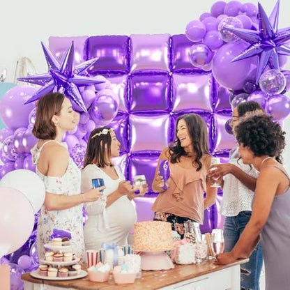 25+149pcs Double-Sided Purple Balloon Wall Kit - 25 Dark/Light Purple Foil Square Balloons 146 Metallic Lavender Purple Latex Balloon Garland & Star Balloons for Wedding, Birthday Backdrop - color: Purple