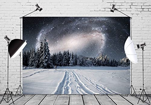 BELECO 5x3ft Fabric Winter Snowy Forest Night Photography Backdrop Galaxy Sky Stars White Snow Trees Wintry Scene Background for Christmas New Year Party Decorations Holiday Outdoor Photo Props - size: 5x3FT