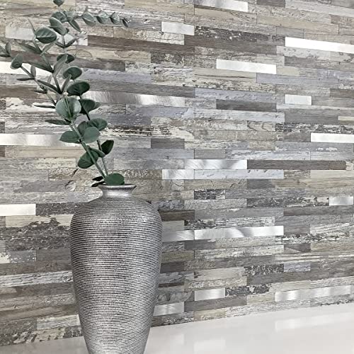 AULIGET 2-Sheet Peel and Stick Backsplash Wall Tiles, Distressed Wood Look PVC Wall Tiles Stick on Backsplash - color: Vintage Wood + Metal Silver, size: 2 Sheets, 6"x12"x0.12"