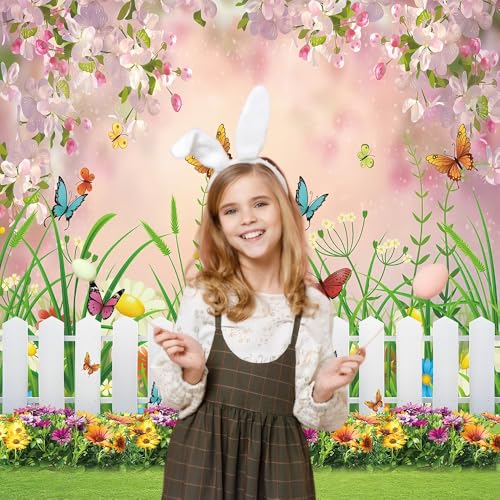 INRUI Spring Easter Garden Photography Backdrop Green Grass Lawn Floral Butterfly Fence Baby Shower Birthday Party Decorations Banner (5x7FT) - size: 5x7FT