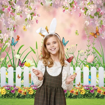 INRUI Spring Easter Garden Photography Backdrop Green Grass Lawn Floral Butterfly Fence Baby Shower Birthday Party Decorations Banner (5x7FT) - size: 5x7FT