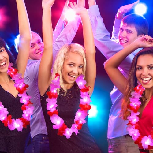 Sherr 24 Pcs LED Leis Light Up Wedding Hawaiian Leis Flower Necklace with LED Lights Beach Tropical Carnival Party Wedding Supplies Luau for Masquerade - color: Red Pink White