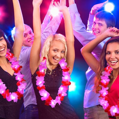 Sherr 24 Pcs LED Leis Light Up Wedding Hawaiian Leis Flower Necklace with LED Lights Beach Tropical Carnival Party Wedding Supplies Luau for Masquerade - color: Red Pink White