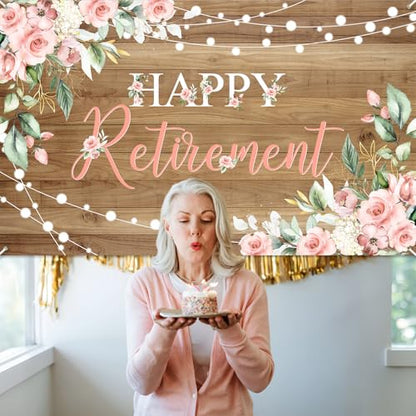 Mocsicka Rustic Retirement Backdrop Banner Women Happy Retirement Party Decorations Pink Floral Retired Party Photo Booth Props (6x3.6ft) - size: 6x3.6ft
