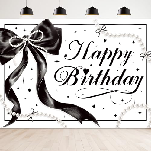 Newsely Black Bow Happy Birthday Banner Backdrop 7Wx5H Photography Black White Pearls Bowknot Balloons Girly Female Background Aesthetic Pretty Bday Party Decorations Banner Photo Booth Props Supplies - color: F-black bow, size: 7Wx5H