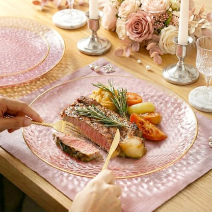 I00000 150Pcs Clear Pink Plastic Plates with Gold Rim,Pink Disposable Plates,Clear Hammer Patterned Disposable plates Set include 30 Dinner Plate,30 Dessert Plate,90 Plastic Silverware Set for Party - color: Clear Pink