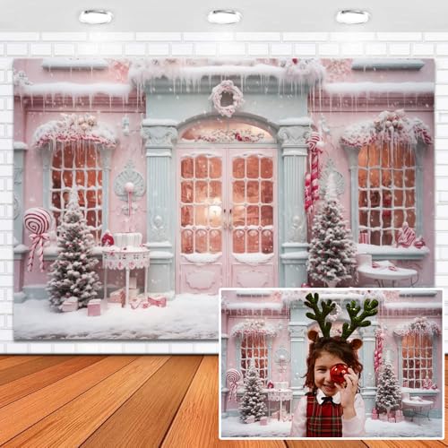 Leowefowa Pink Christmas Backdrop 8x4ft Winter Christmas Shop Background Xmas Tree Party Decorations Banner Snow Scene for GirlsXmas New Year Holiday Portrait Studio Props - color: pink, size: 8x4ft