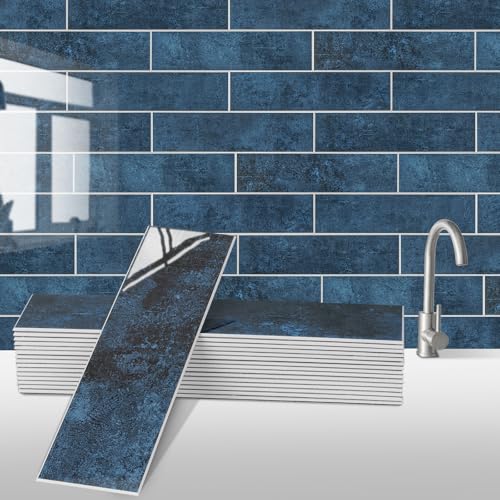 24-Pieces Peel and Stick Tiles for Kitchen Backsplash, New Upgrade Design 12" x 3"SPC Subway Backsplash Tiles, Marble Blue Premium Finger Tiles (Blue). - color: Blue, size: 10 Sheet